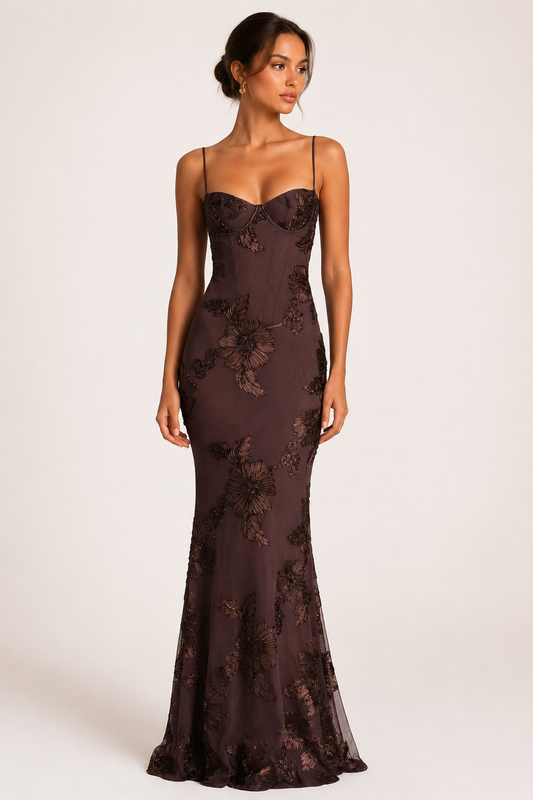Dames Avondjurk Mouwloos met Corset en Bloemenborduursels Mermaid Bruin