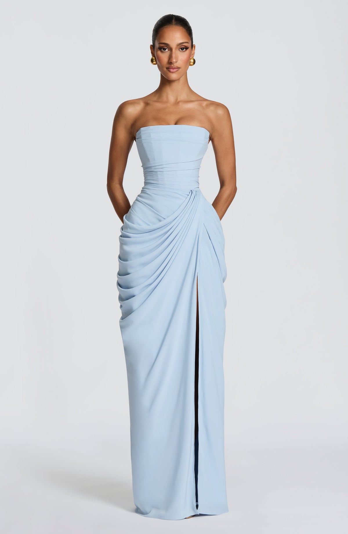 Dames Avondjurk Strapless Maxi met Corset en Gedrapeerde Split