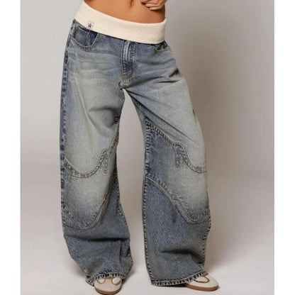 Dames Baggy Jeans met Wijde Pijpen en Rib Tailleband Blauw