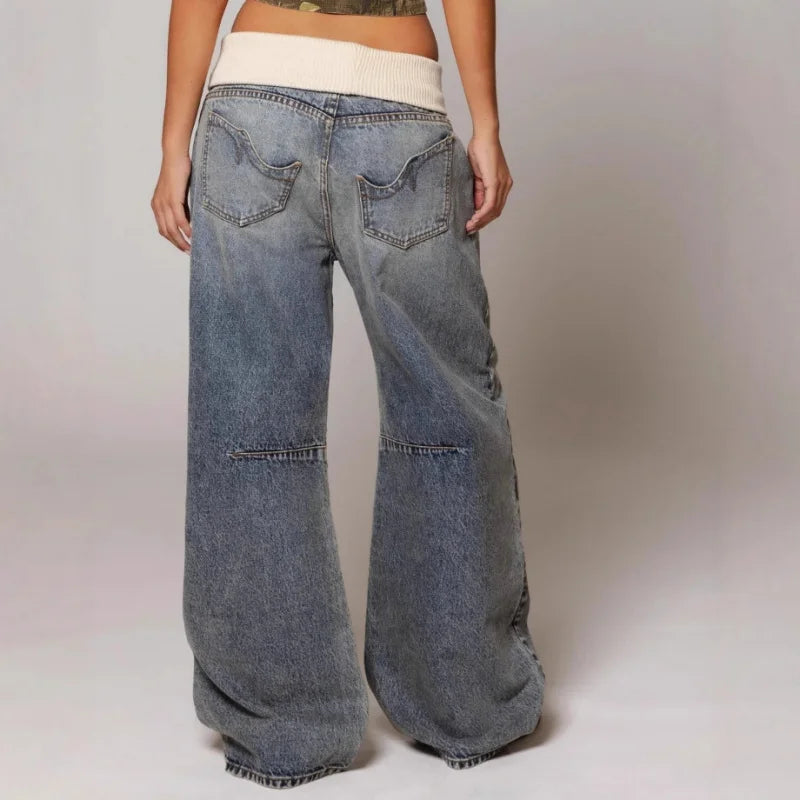 Dames Baggy Jeans met Wijde Pijpen en Rib Tailleband