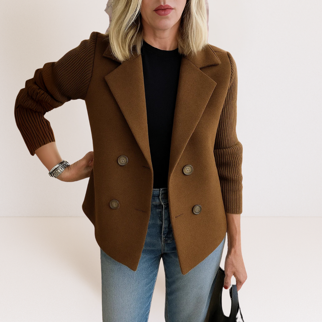 Dames Blazer Dubbelrij met Gebreide Mouwen Bruin