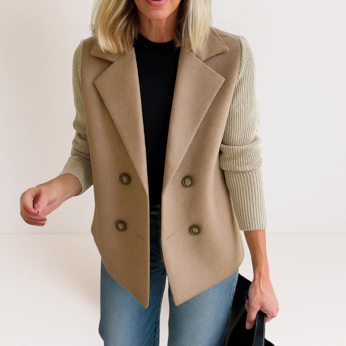 Dames Blazer Dubbelrij met Gebreide Mouwen Beige