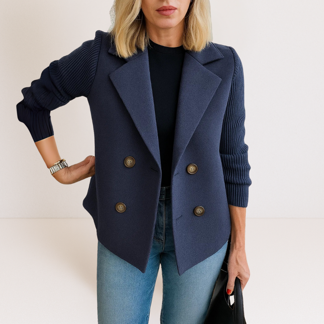 Dames Blazer Dubbelrij met Gebreide Mouwen Blauw
