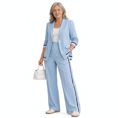 Dames Blazer en Wide-leg Broek Set met Contrastbies