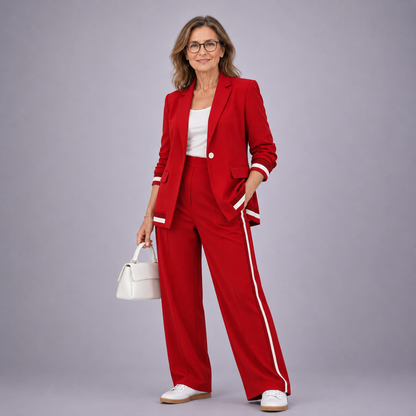 Dames Blazer en Wide-leg Broek Set met Contrastbies