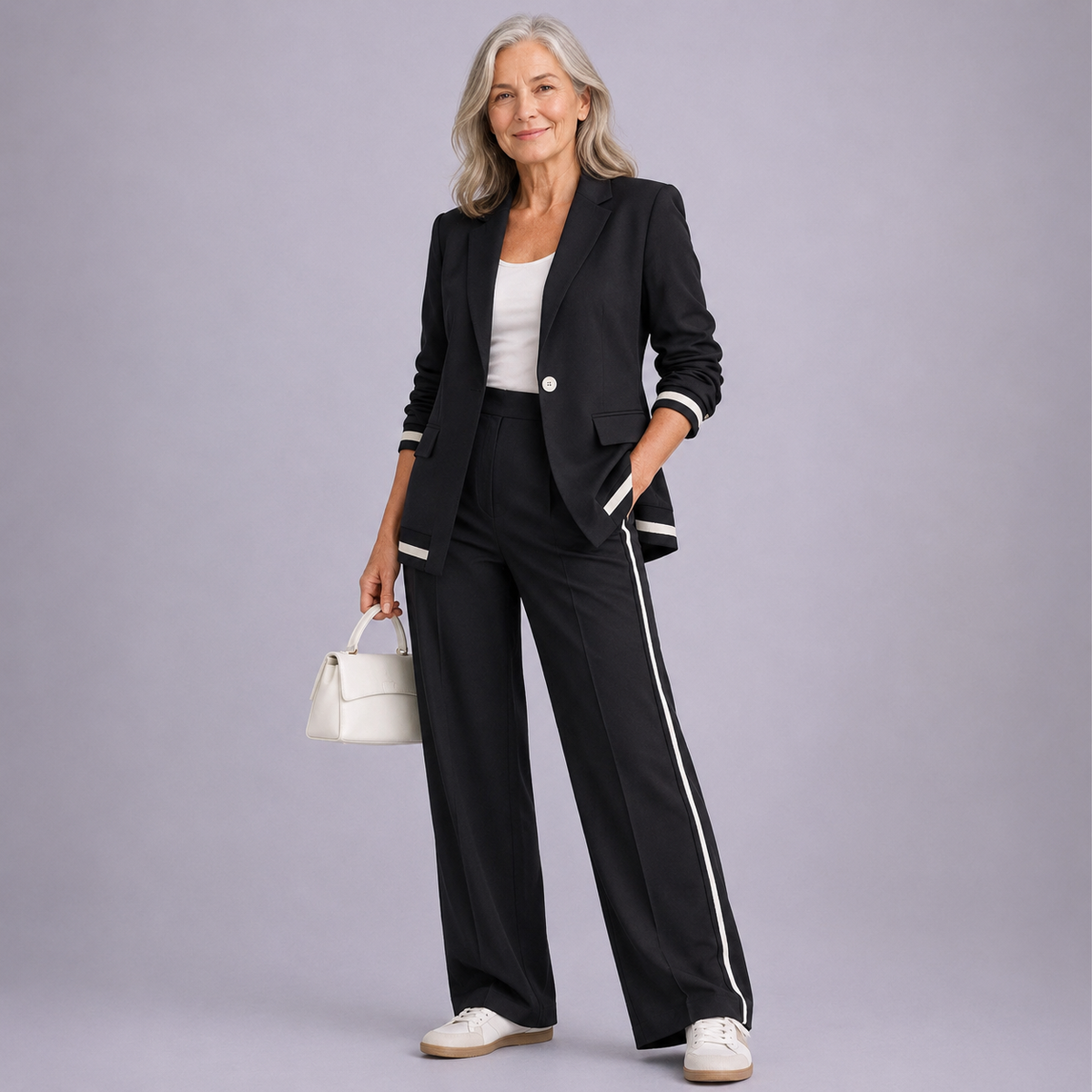 Dames Blazer en Wide-leg Broek Set met Contrastbies