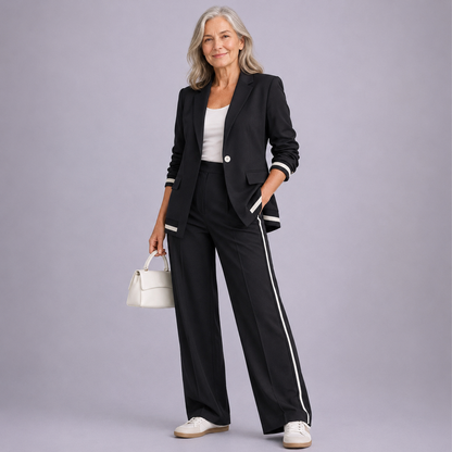 Dames Blazer en Wide-leg Broek Set met Contrastbies