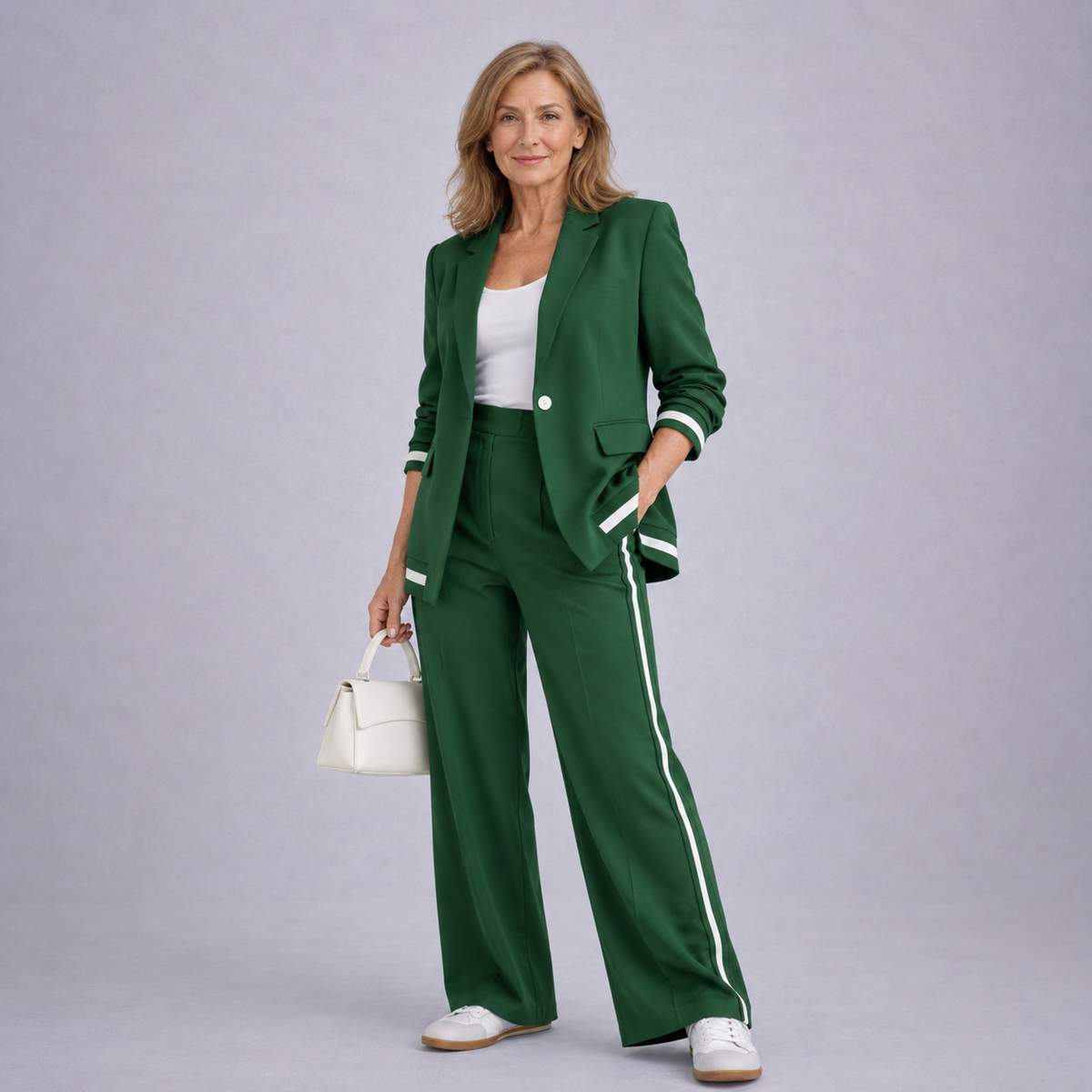 Dames Blazer en Wide-leg Broek Set met Contrastbies