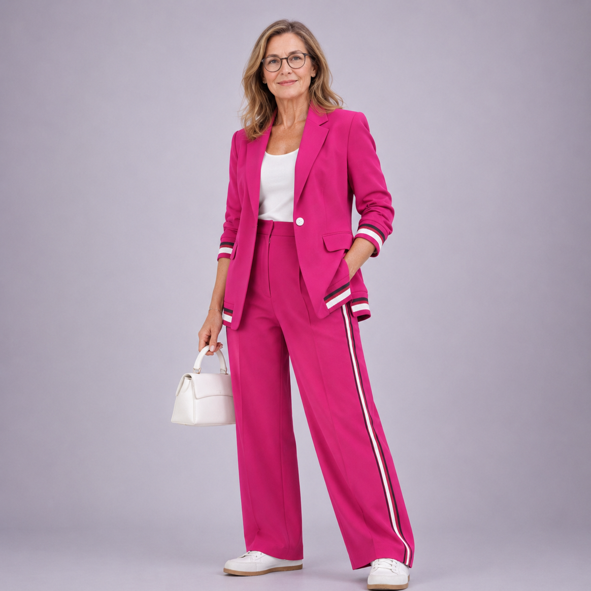 Dames Blazer en Wide-leg Broek Set met Contrastbies