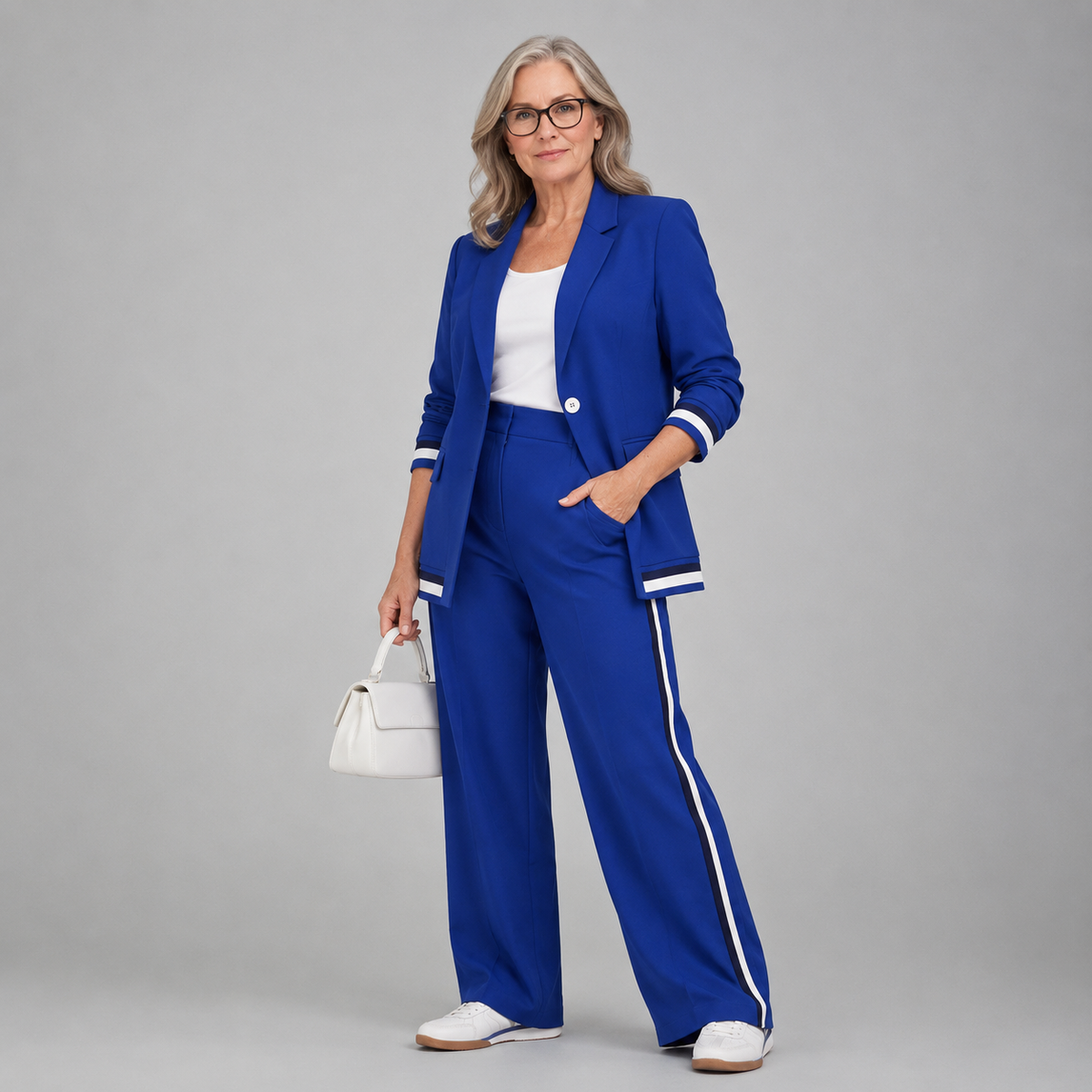 Dames Blazer en Wide-leg Broek Set met Contrastbies