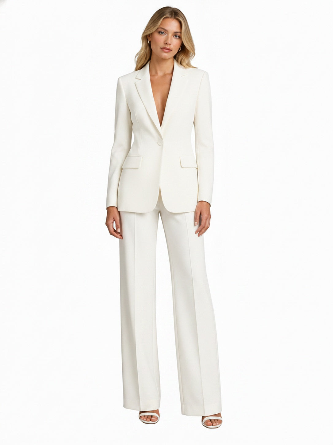 Dames Blazer en Wide-Leg Broek Set met Notch Revers en Knoopsluiting