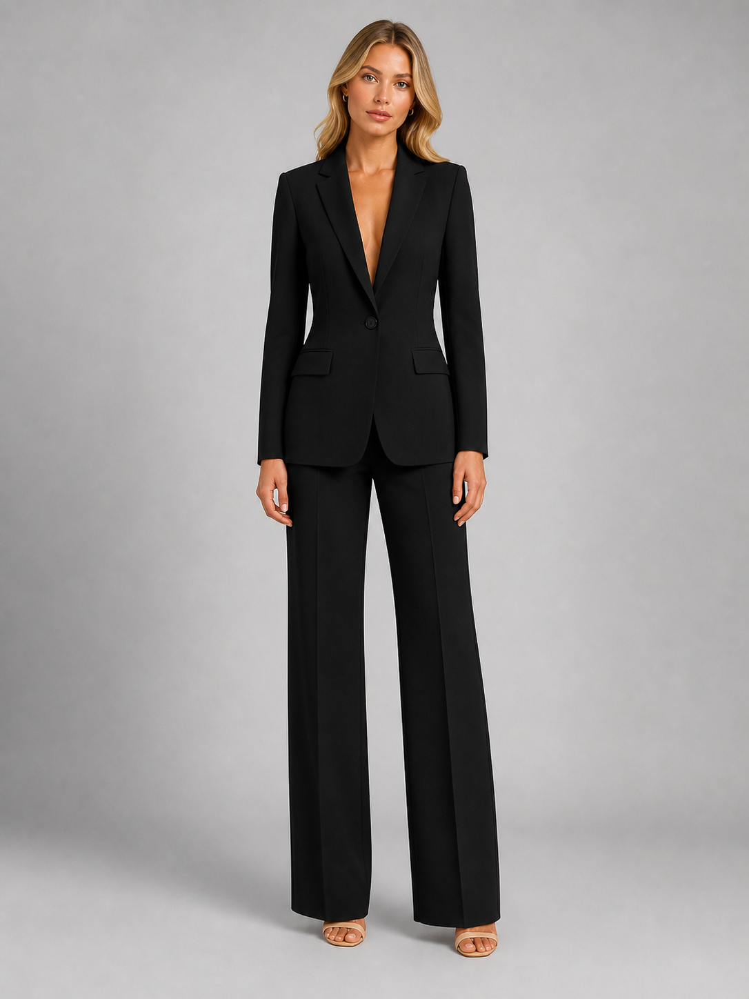 Dames Blazer en Wide-Leg Broek Set met Notch Revers en Knoopsluiting