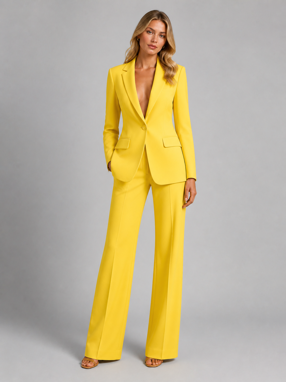Dames Blazer en Wide-Leg Broek Set met Notch Revers en Knoopsluiting