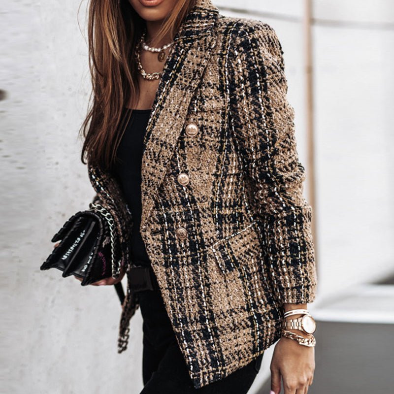 Dames Blazer met Geruit Patroon en Getailleerd Silhouet Bruin