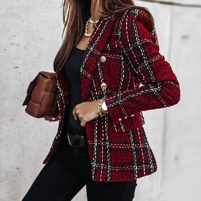 Dames Blazer met Geruit Patroon en Getailleerd Silhouet Bordeauxrood