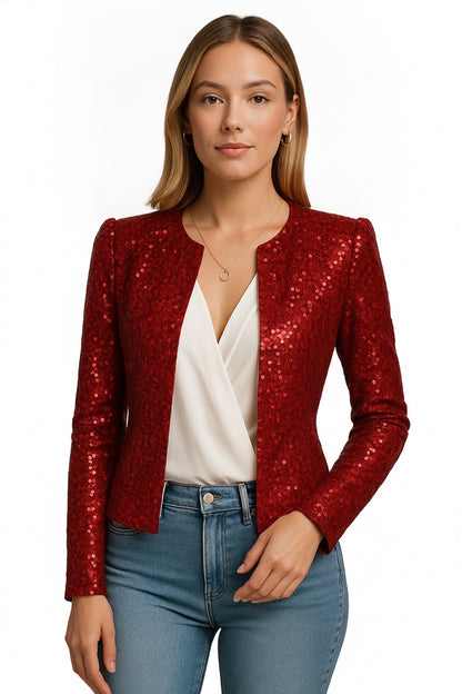 Dames Blazer met Pailletten Lange Mouw en Open Voorkant Slim Fit