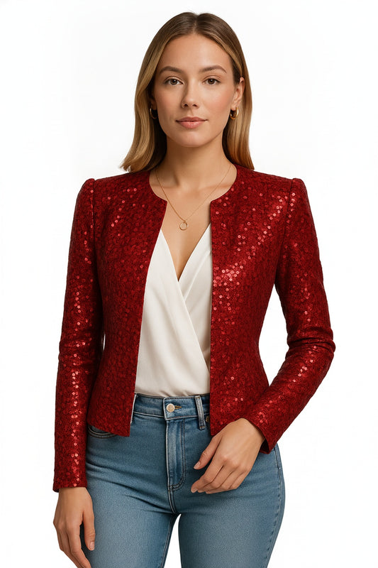 Dames Blazer met Pailletten Lange Mouw en Open Voorkant Slim Fit