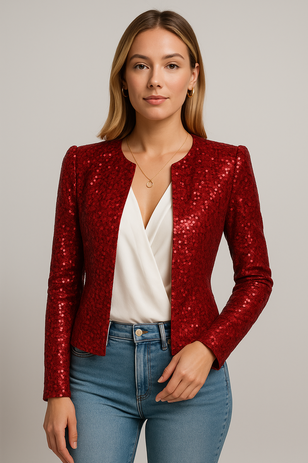 Dames Blazer met Pailletten Lange Mouw en Open Voorkant Slim Fit