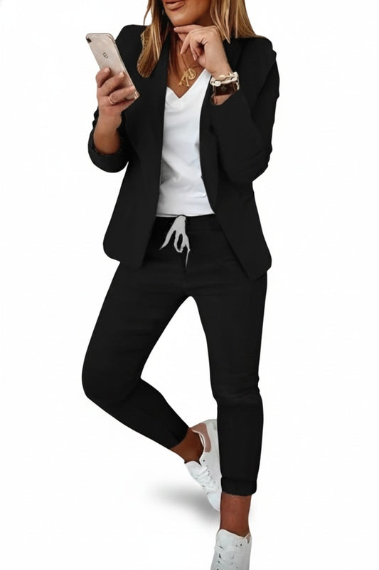 Dames Blazer Set met Broek en Trekkoord Lange Mouw Open Revers