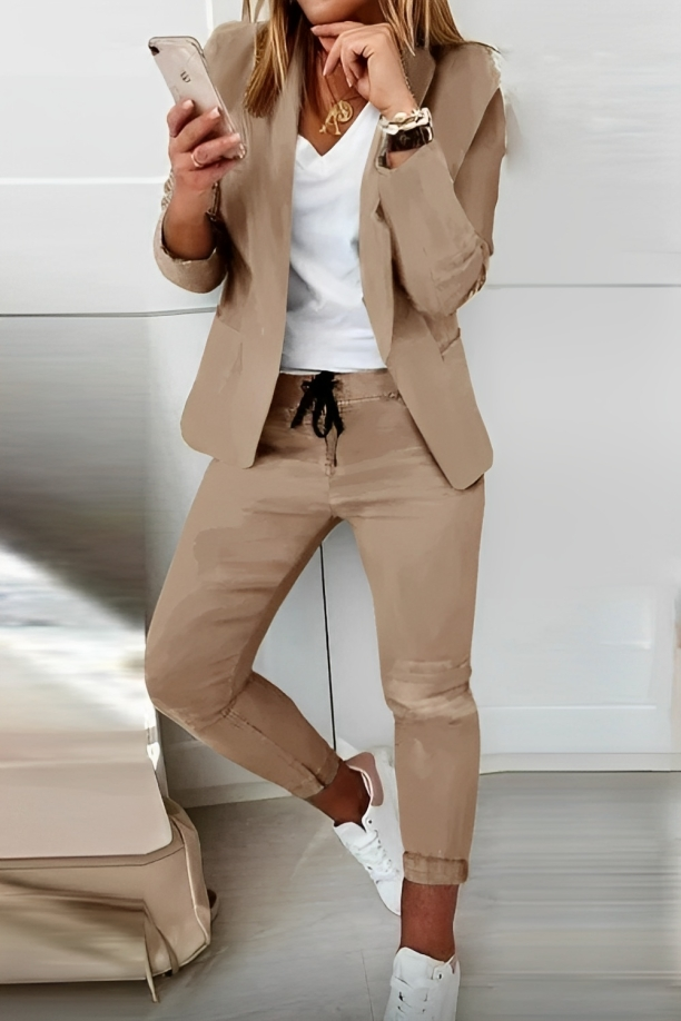 Dames Blazer Set met Broek en Trekkoord Lange Mouw Open Revers