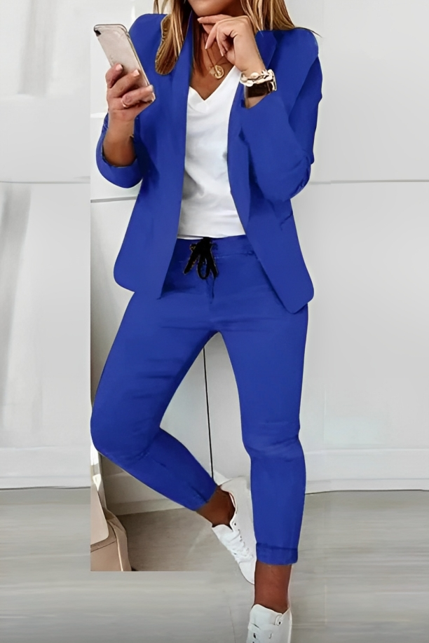 Dames Blazer Set met Broek en Trekkoord Lange Mouw Open Revers