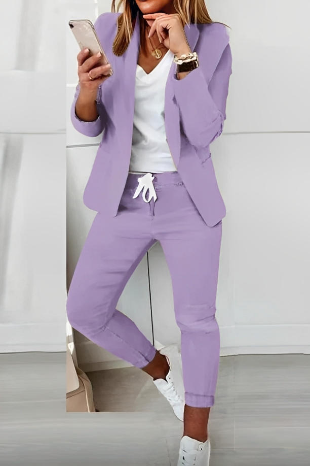 Dames Blazer Set met Broek en Trekkoord Lange Mouw Open Revers