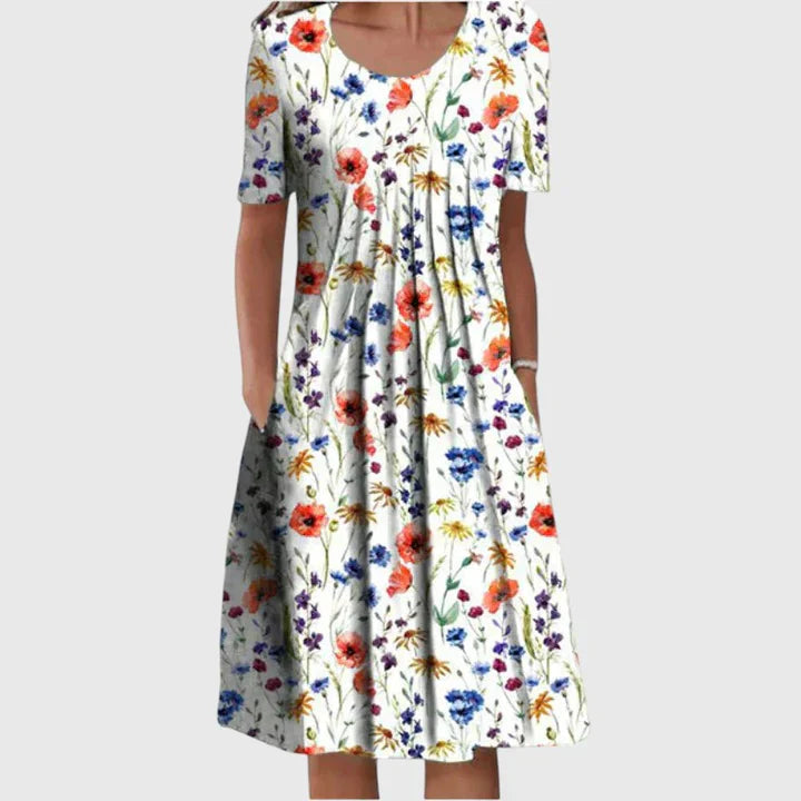 Dames Bloemenjurk Midi met Plooirok en Steekzakken Wit Rood
