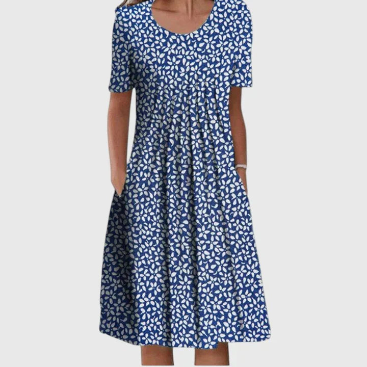 Dames Bloemenjurk Midi met Plooirok en Steekzakken Blauw Wit