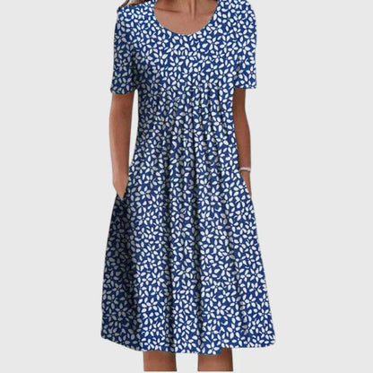 Dames Bloemenjurk Midi met Plooirok en Steekzakken Blauw Wit