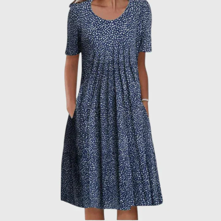Dames Bloemenjurk Midi met Plooirok en Steekzakken Donkerblauw Wit
