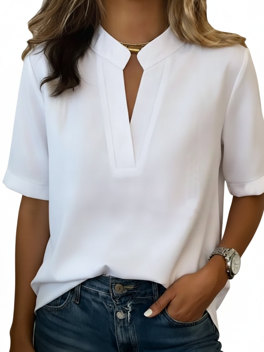 Dames Blouse Korte Mouw met V-hals en Staande Kraag