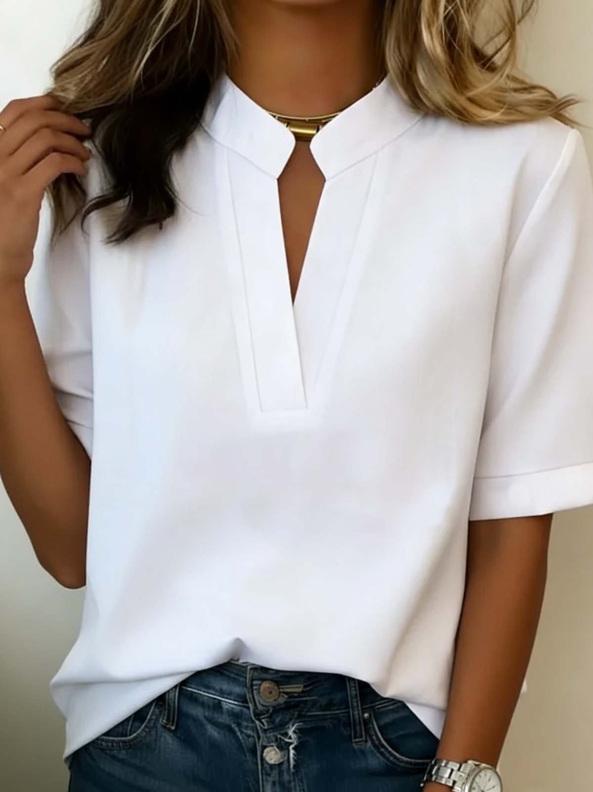 Dames Blouse Korte Mouw met V-hals en Staande Kraag