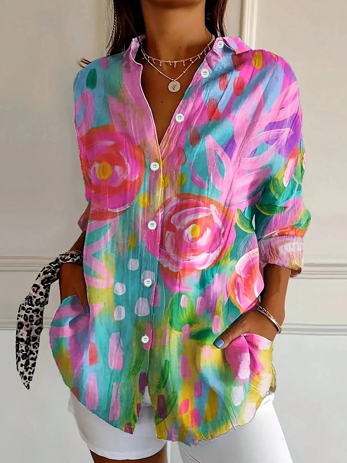 Dames Blouse Lange Mouw met Bloemenprint en Knoopsluiting Roze