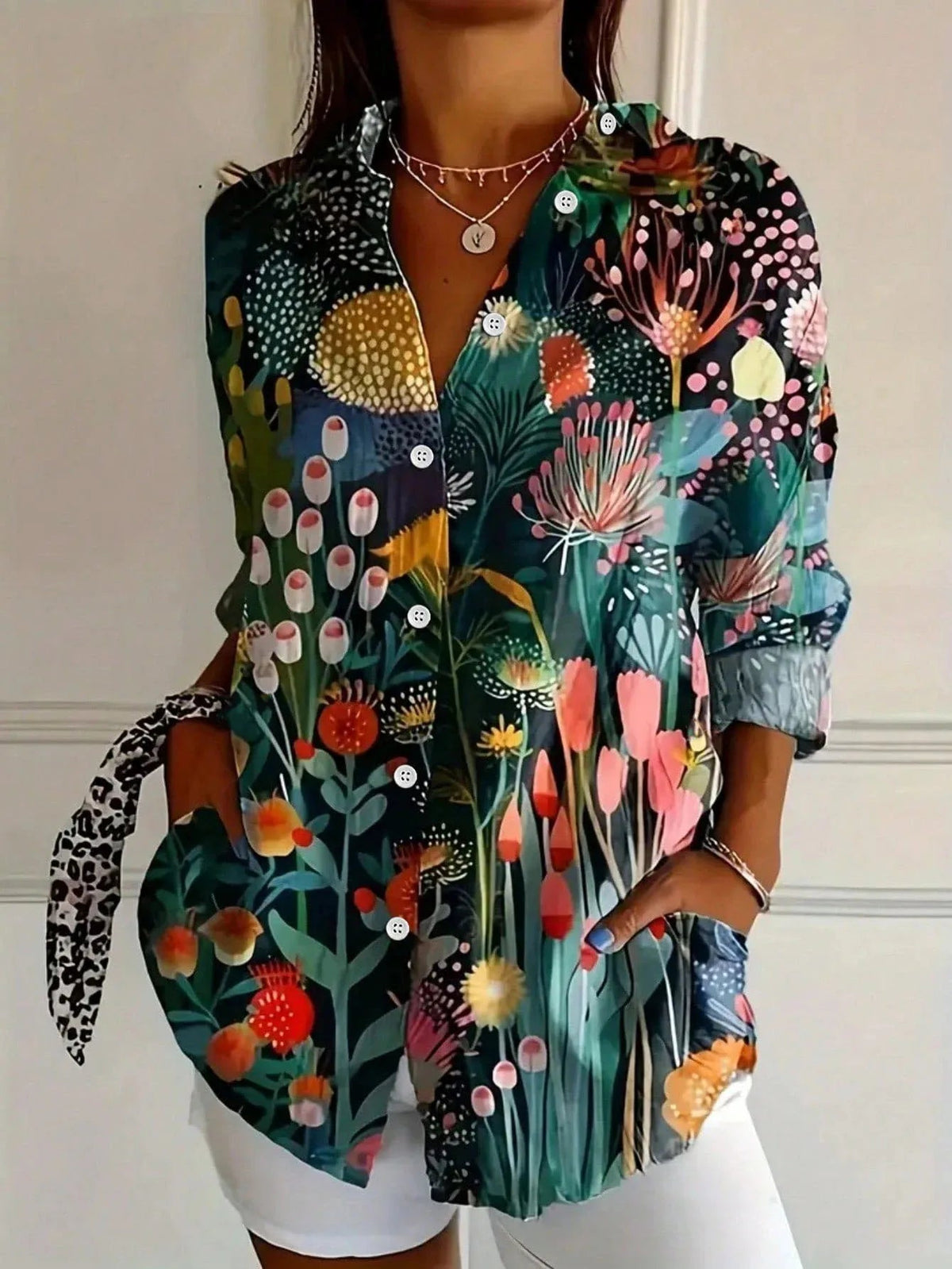 Dames Blouse Lange Mouw met Bloemenprint en Knoopsluiting Groen