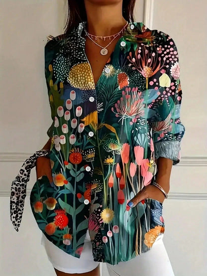 Dames Blouse Lange Mouw met Bloemenprint en Knoopsluiting Groen