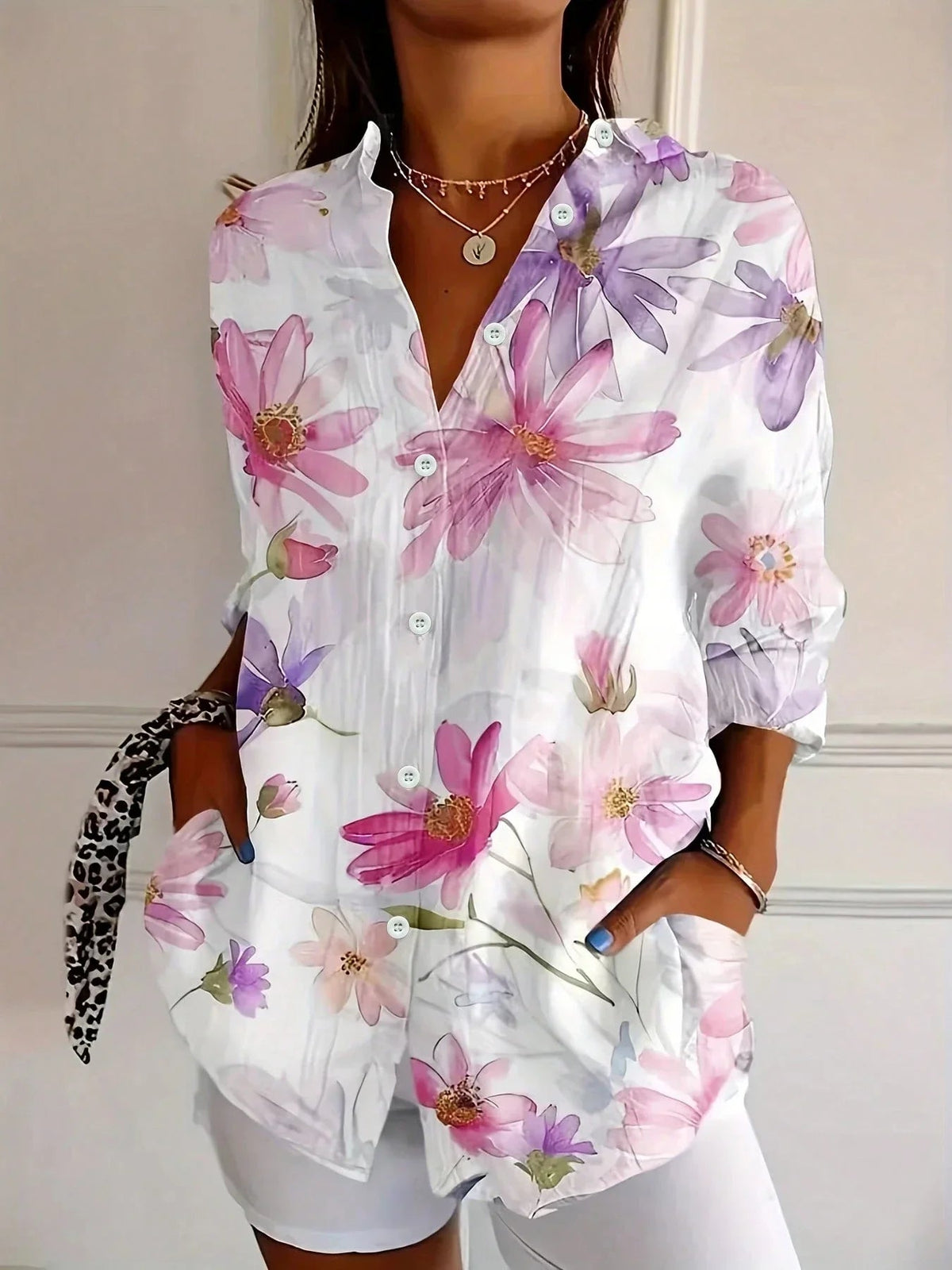 Dames Blouse Lange Mouw met Bloemenprint en Knoopsluiting Wit