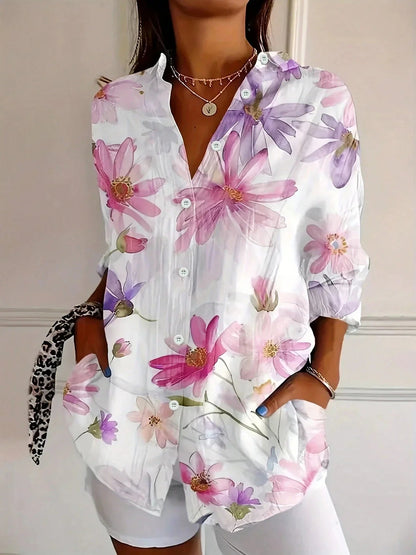 Dames Blouse Lange Mouw met Bloemenprint en Knoopsluiting Wit