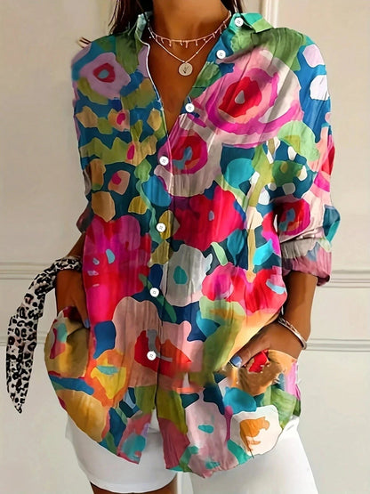 Dames Blouse Lange Mouw met Bloemenprint en Knoopsluiting Veelkleurig A