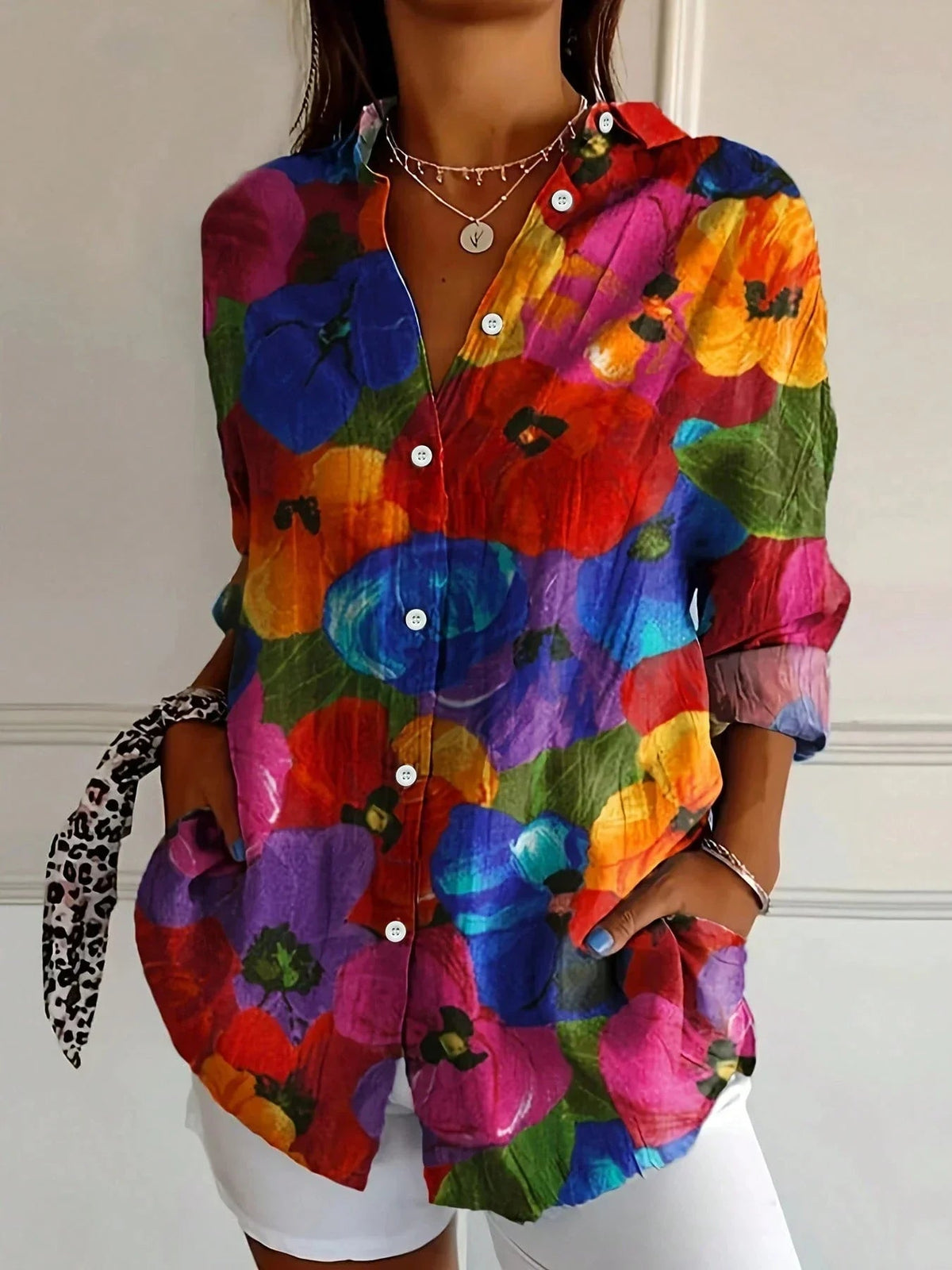 Dames Blouse Lange Mouw met Bloemenprint en Knoopsluiting Veelkleurig B