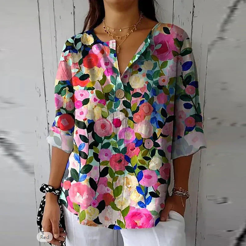 Dames Blouse met Bloemenpatroon en Lange Mouwen Roze Blauw
