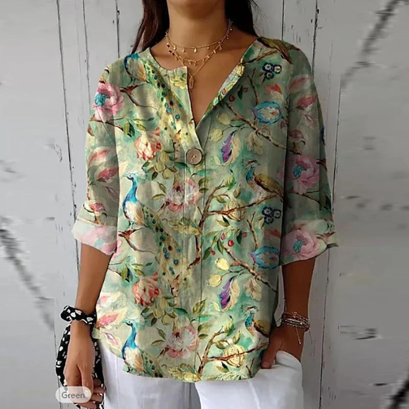 Dames Blouse met Bloemenpatroon en Lange Mouwen Groen