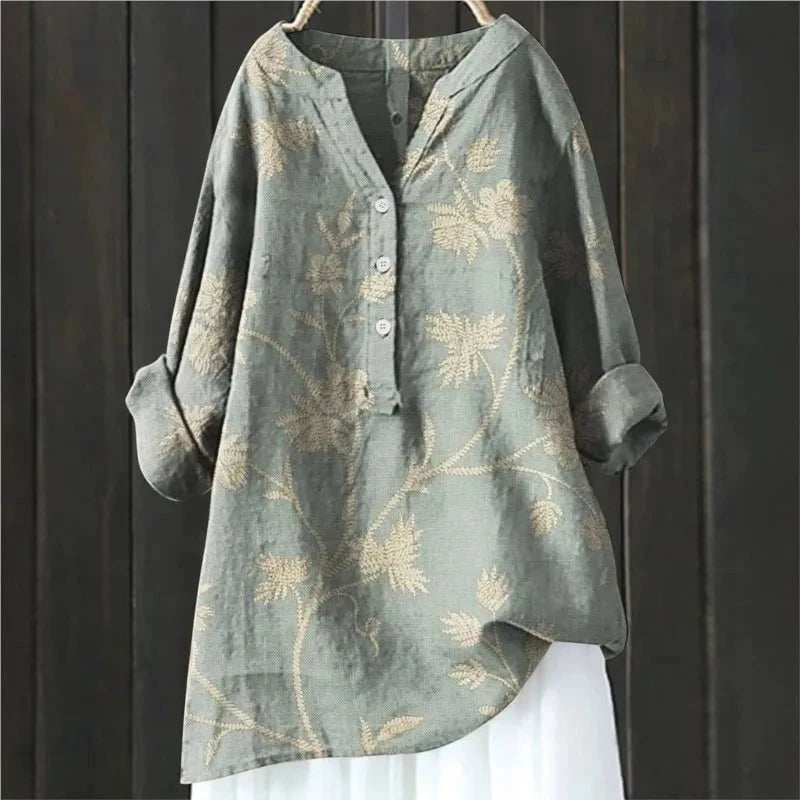 Dames Blouse met Bloemenprint en V-hals Grijs