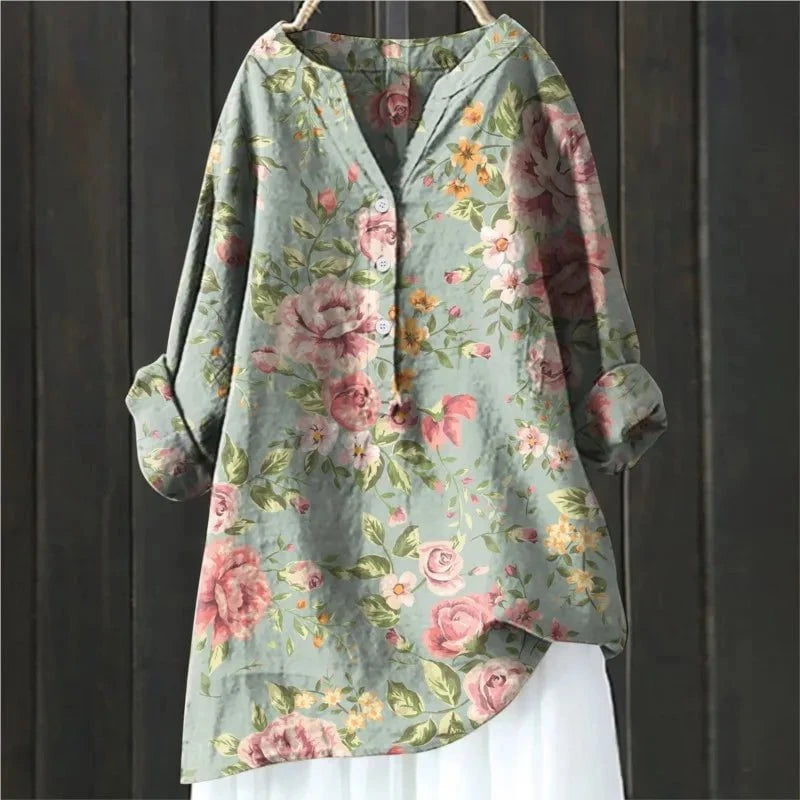 Dames Blouse met Bloemenprint en V-hals Lichtgroen