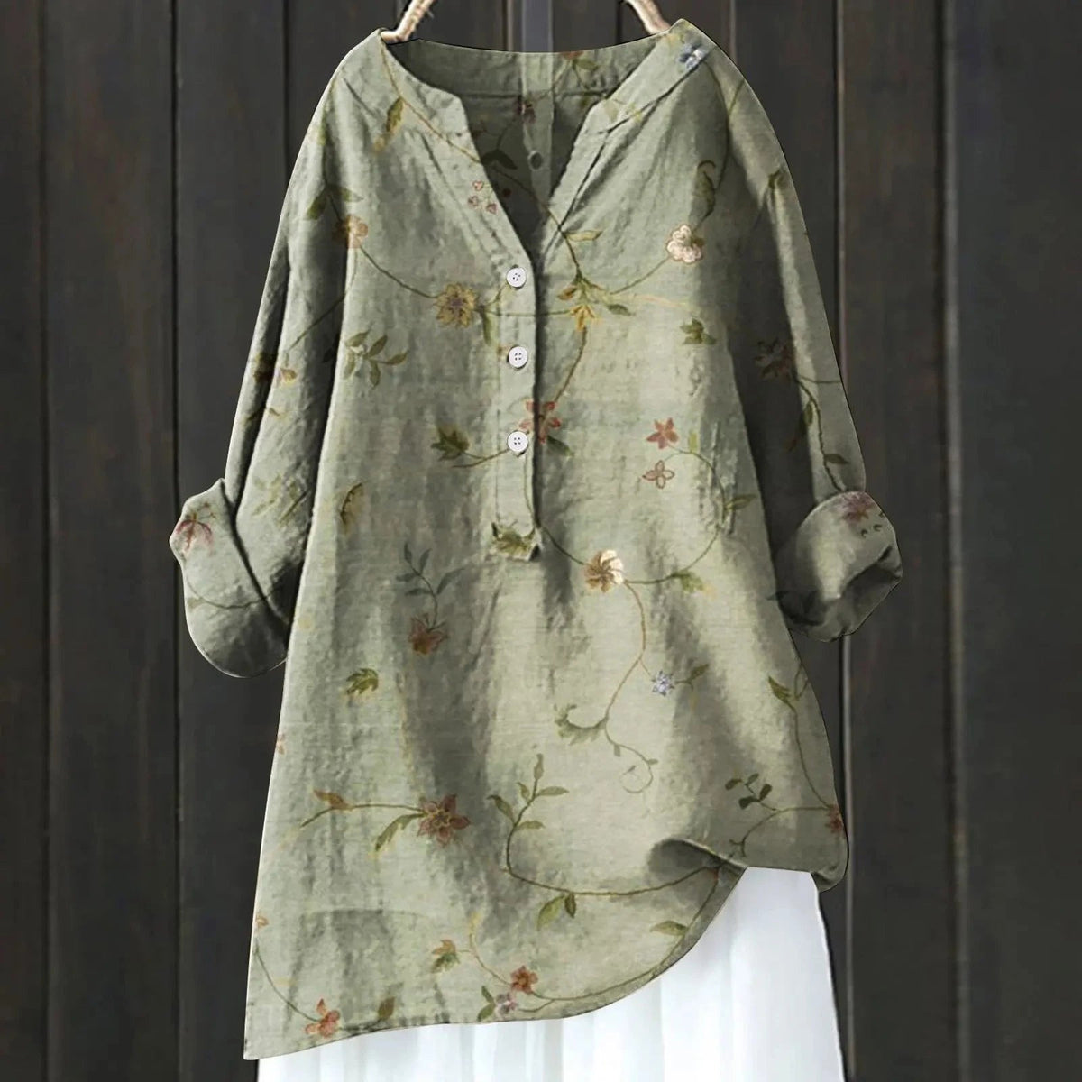 Dames Blouse met Bloemenprint en V-hals Olijfgroen