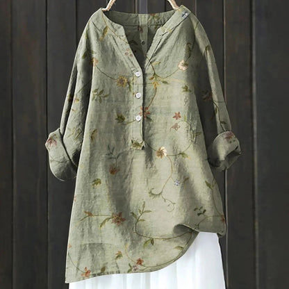 Dames Blouse met Bloemenprint en V-hals Olijfgroen