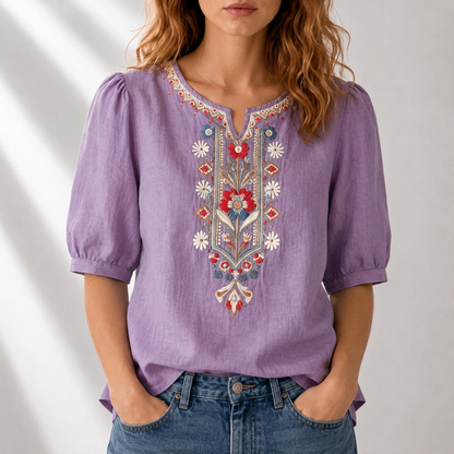 Dames Blouse met Korte Mouw, Geborduurd Bloemmotief en Split-hals