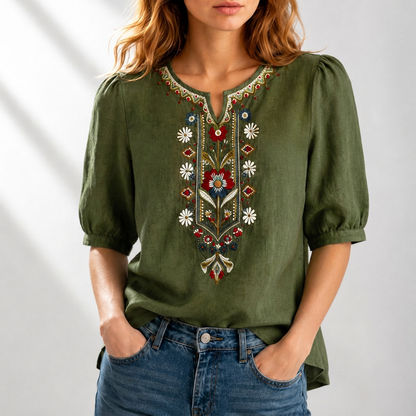 Dames Blouse met Korte Mouw, Geborduurd Bloemmotief en Split-hals