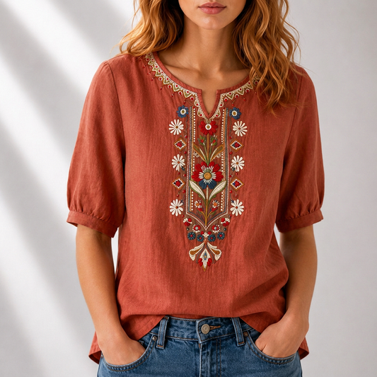 Dames Blouse met Korte Mouw, Geborduurd Bloemmotief en Split-hals ##POS:2##