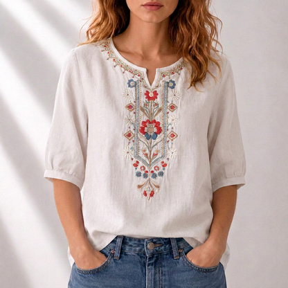 Dames Blouse met Korte Mouw, Geborduurd Bloemmotief en Split-hals
