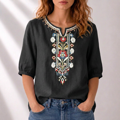 Dames Blouse met Korte Mouw, Geborduurd Bloemmotief en Split-hals